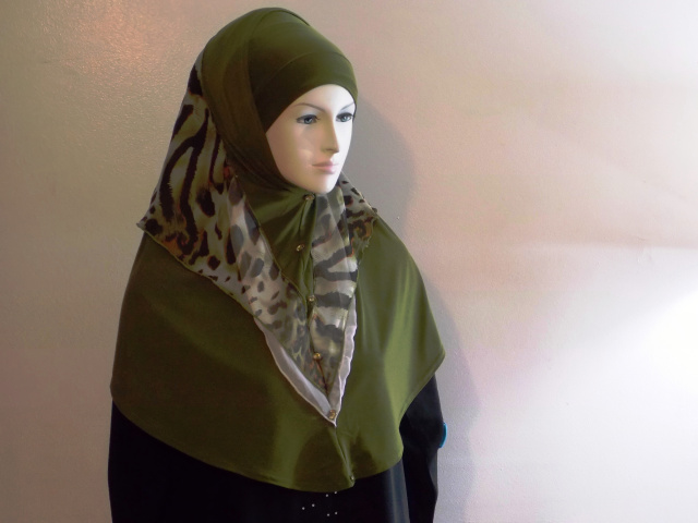 Olive Long 2 Piece Amira Hijab w/Button style 3